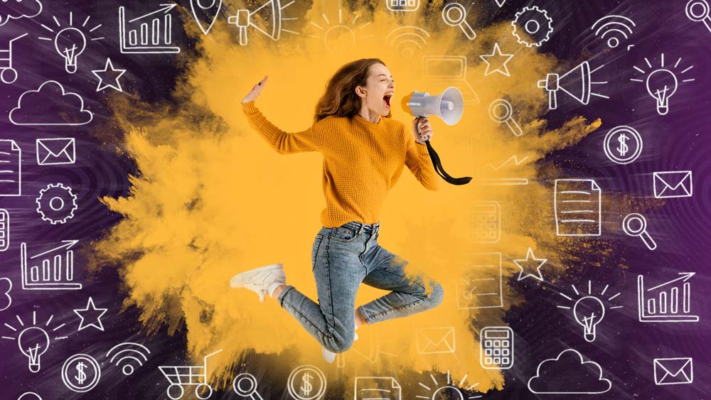 Junge Frau mit Megaphon springt vor gelber Rauchwolke und Icons vor lila Hintergrund